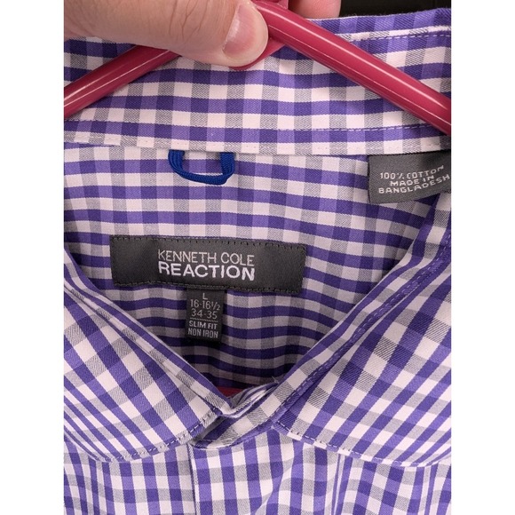 Kenneth Cole Button Down Shirt Slim Fit 16-16.5 / 34-35 Size Large Purple White - Picture 3 of 3